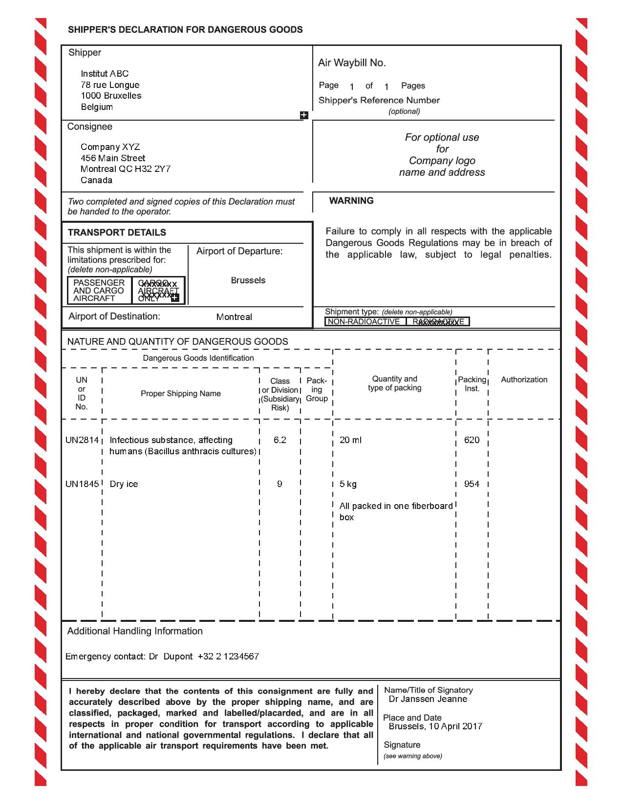 Dangerous Goods Declaration Template